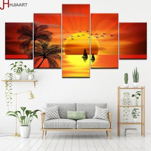 Canvas Print Pictures Wall Art Decor 5 Pieces Coconut Tree Bird Sailboat Beautiful Sunset Seascape Painting Modular Poster Frame