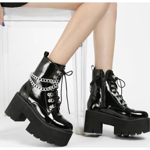 Classic Platform High Heels Womens chain thick heel short boots Fashionable Autumn Winter Wedges Shoes Ankle Boots Women Large