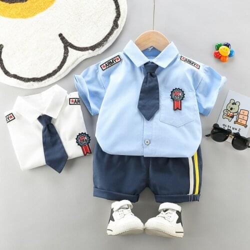 2021 Summer Kids Girls Boys Clothing Set Baby Casual Fashion Active Patchwork T-shirt with Tie+shorts 2-piece Toddler Clothes