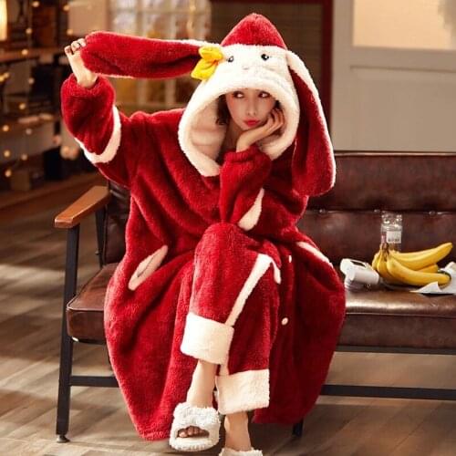 Sweet Women Bathrobe Autumn Winter Thick Hooded Flannel Ladies Robe Fleece Girls Cute Long Dressing Gown for Female Homewear