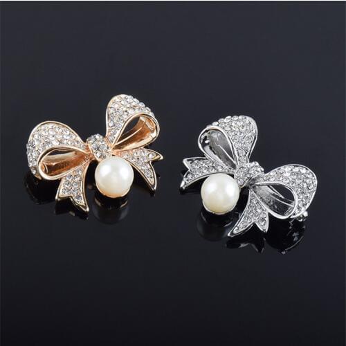 Fashion Metal Rhinestone Pearls Bow Brooches Pin Womens suit coat corsage Women brooch Jewelry for Dress
