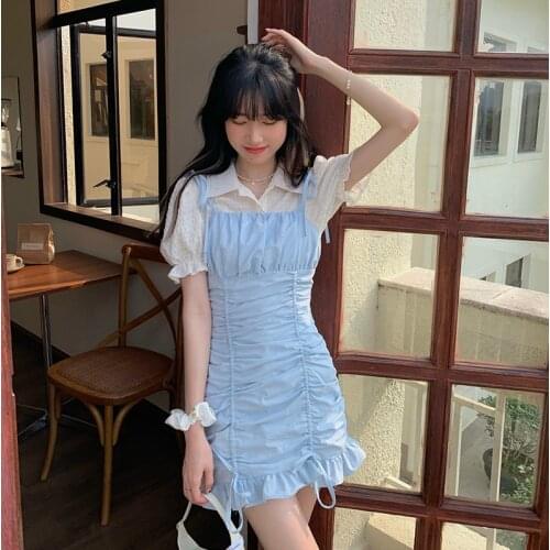 Fashionable Womens Bubble Short-sleeved Shirt Waist Ruffled Bag Hip Sling Dress Two-piece Dresses for Women Party