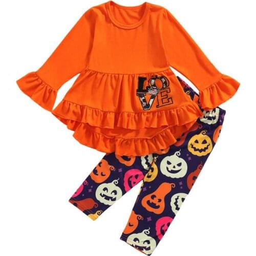 Fashion Kids Girls Outfit Set Children Long Sleeve Round Collar Flared Cuff Letter Trailing Tops + Pumpkin Printing Trousers