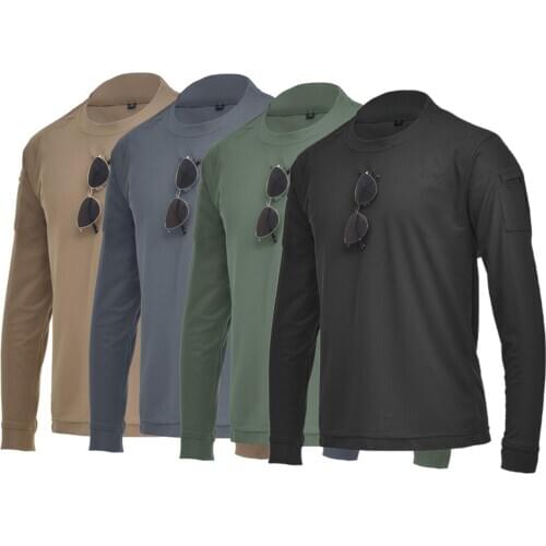 Men Casual Long Sleeve O Neck Sweat Absorbent Pockets Pullover tactical stretch sweat-absorbent military fan training T-shirt