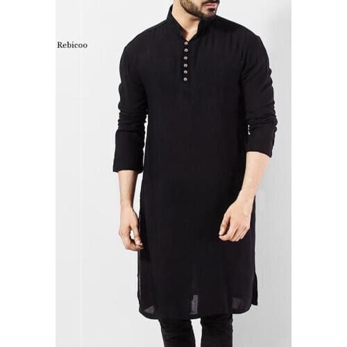 Men Casual Shirt Cotton Long Sleeve Stand Collar Vintage Solid Stitched Long Tops Indian Clothes Pakistani Shirt S-5Xl