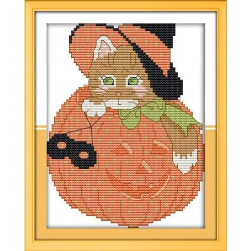 Pumpkin cat cross stitch kit Halloween animal 14ct 11ct count print canvas stitches embroidery DIY handmade needlework plus