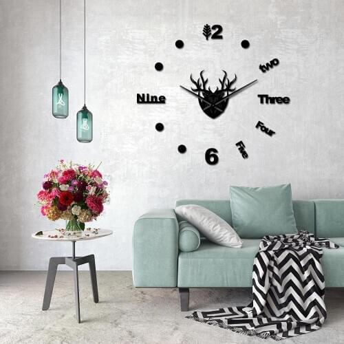 Deer Elk Head DIY Wall Clock Silent Non ticking Woodland Animal Watch Hunter Mirror Effect Home Decor Wall Clock For Livingroom