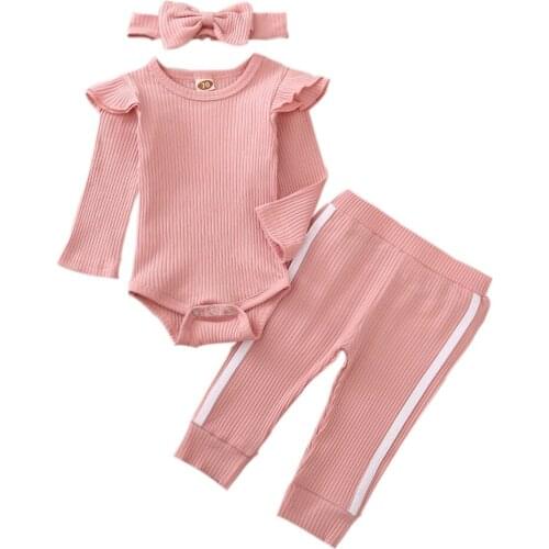 2020 Autumn Baby Girls Clothing Set Toddler Casual Ruffle Long Sleeve Round Neck Top+ Knitted Solid Color Pants + Headband 0-24M