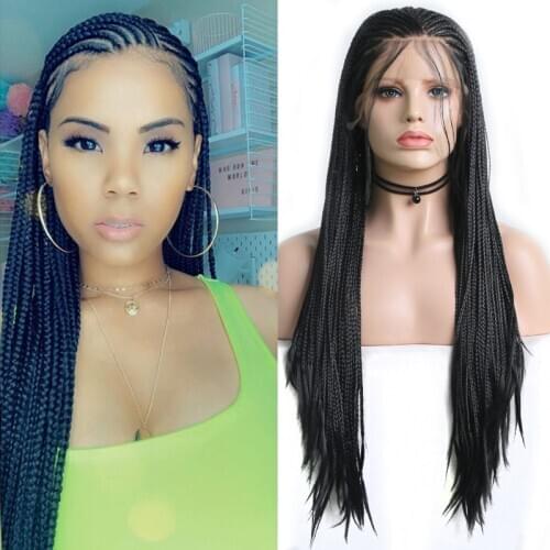 Charisma Black Wig Heat Resistant Fiber Hair Braided Wigs Synthetic Lace Front Wig with Baby Hair Box Braids Wigs for Women