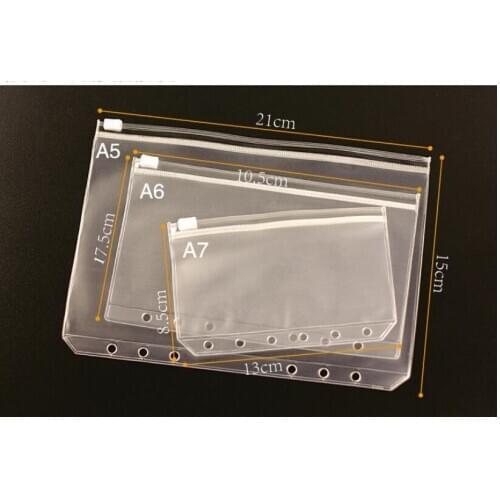 A5/A6/A7 Zippered Notebook Pouch Transparent PVC Storage Bag Organizer Bag Receipt Pouch Binder Bag With 6 Holes Wholesale