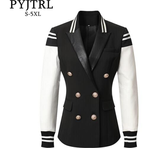 PYJTRL New Womens Fashion Casual Leather Patchwork Double Breasted Jacket Stylish Classic Varsity Jacket