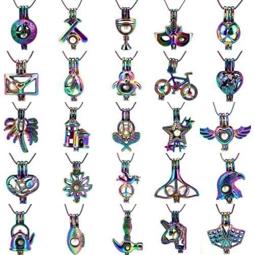 Rainbow Color Stainless Snake Chains Necklace Animals Castle Wings Eagle Heart Mask Beads Pearl Cage Locket Pendant Necklace