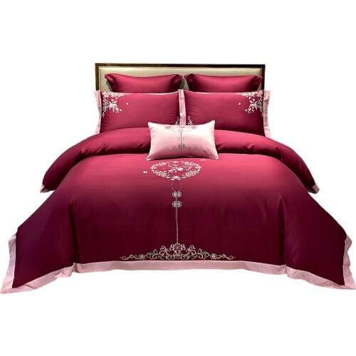 Caiyitang Luxury Red Winter cotton silk like Embroidery Bedding Set Duvet Cover Bed sheet quilt cover sets