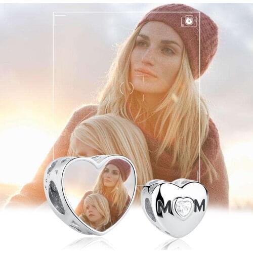 ELESHE 100% 925 Sterling Silver Shinny CZ Mom Heart Charm Custom Photo Bead Fit Original Bracelet DIY Jewelry For Mothers Day