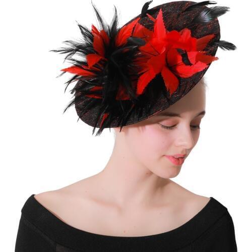 Red Feather Flower Sinamay Fedora Hats Black Kentucky Derby Fascinator Hat Hair Clip For Women Wedding Party Cocktail Headwear