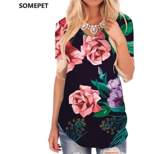SOMEPET Flowers T-shirt women Colorful T-shirts 3d Graphics V-neck Tshirt Art Funny T shirts Womens Clothing Summer Casual Tops