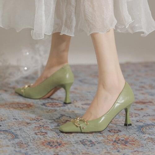 Womens High Heels Slip-on Shallow Square Toe Female Pumps Breathable Handmade Chain Fashion Office Ladies Shoes Zapatos Mujer