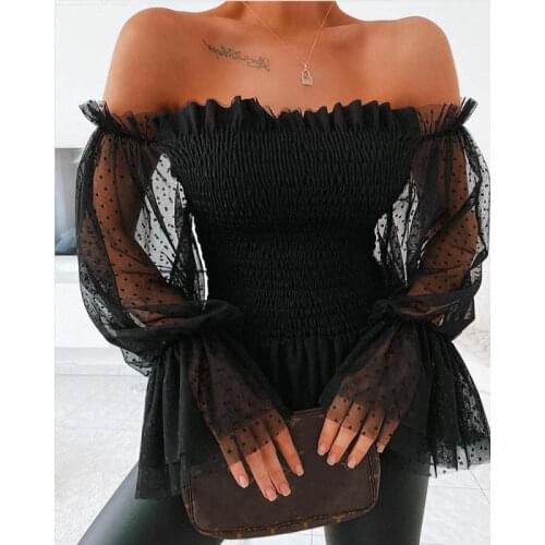 Womens Sexy Off Shoulder Blouse Lace Polka Dots Mesh Sheer Puff Sleeve Ruched Chiffon Tops for Summer Spring Daily Wear