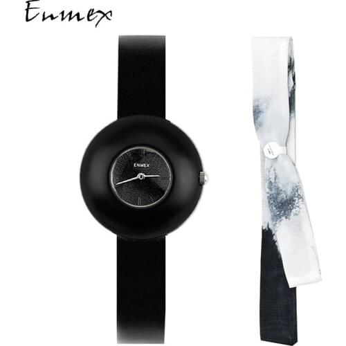 2021 Lady gift simple watch Enmex black face watch chinese fashion vertical lines red-crowned crane quartz wristwatch
