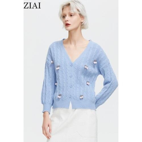 ZIAI 2021 Womens Cardigan Sweater Knitted Coat Ladies Autumn Winter Loose Cute Top Korea Pure Color V-Neck Casual Blouse ZMY015