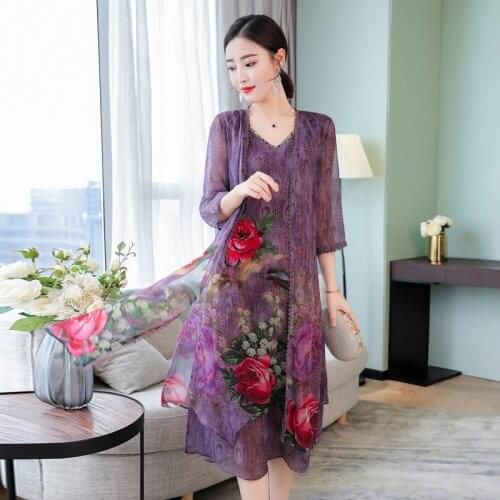 2 Pieces Sets Women Dresses Silk-Blend Floral Print Cardigan Loose Outwear+Tank Dress V Neck Women Summer Elegant Twinset Purple