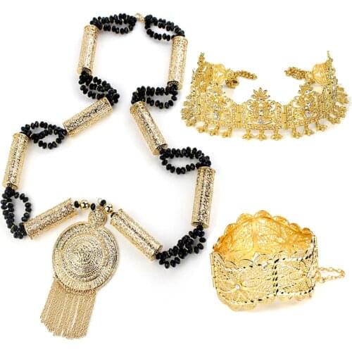 Sunspicems Morocco Algeria Women Bridal Wedding Jewelry Set Gold Color Bead Necklace Headband Bangle African Nigeria Bijou Femme