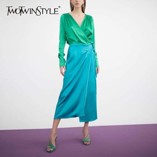TWOTWINSTLYLE Patchwork Hit Color Sets For Female V Neck Long Sleeve Loose Top With High Waist Skirt Womens Set Fashion 2021