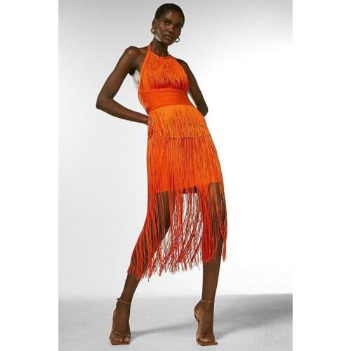 2021 Summer Sexy Halter Tassel Orange Casual Slim Evening Party Dress for Women Club Robe Femme Chic Sleeveless Vestidos BD2108