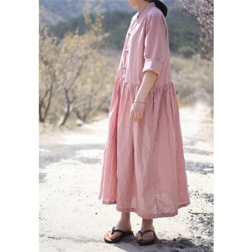 Women Autumn Ramie Solid Color Dress Ladies Vintage Loose Patchwork Dress Female 2019 Retro Stand Collar Dress