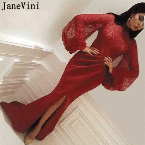 JaneVini Elegant Saudi Arabia Burgundy Evening Dress with sleeves High Neck Mermaid Satin Sweep Train Dubai Formal Party Dresses