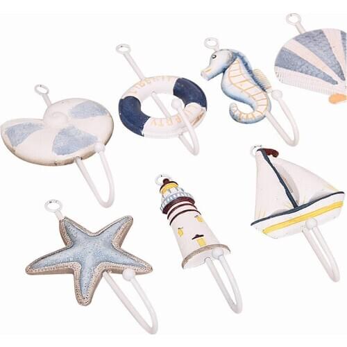 1PC Mediterranean Style Hook Iron Wrought Starfish Lighthouse Sailboat Hooks Wall Hangings Rack Door Back Home Decor