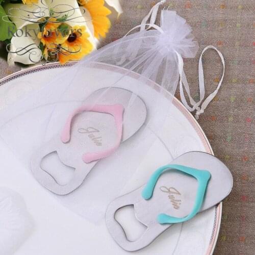 12PCS Personalized Flip Flop Bottle Opener with Organza Bag Wedding Favors Bridal Shower Event Party Giveaways Father Days Gift