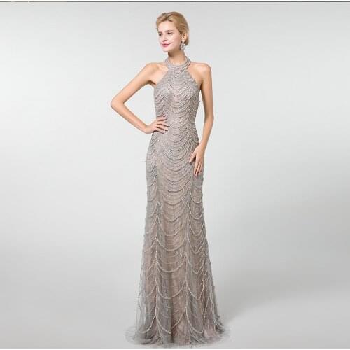 2020 Gray Halter Evening Dress Long Backless Lace Crystals Beaded Mermaid Evening Gown Sleeveless Custom Made