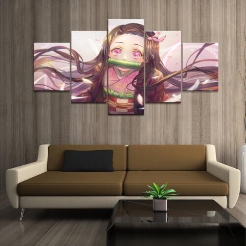 5 Panels HD Anime Girl Picture Kamado Nezuko Demon Slayer Kimetsu No Yaiba Poster Animation Art Wall Decor Paintings