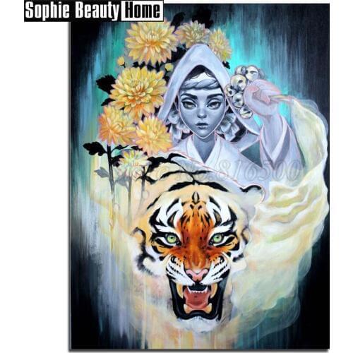 5D Diy Diamond Painting Animal Tiger Diamond Embroidery Pattern Flowers Rhinestones Full Diamond Mosaic Home Decor Gift 18A026