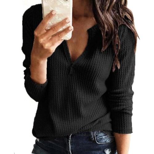 Blouses Women Casual Cotton Blend Basic Blouse Waffle V Neck Spring Autumn All Match Solid Color Long Sleeve Blouse Pullover