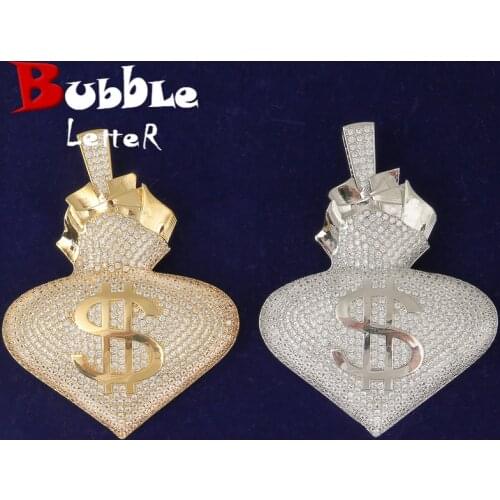 No Chain Big Size Heart Shape Pendant Mens Gold Color Zircon Hip Hop Necklace Rock Jewelry