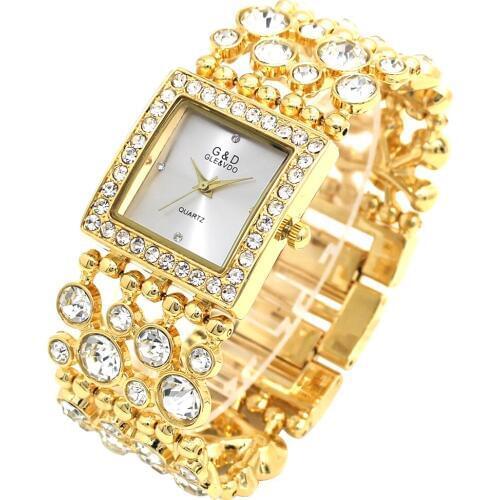 GLE&VDO New Female Clock Luxury Rhinestone Wristwatch Women Vogue Watch Crystal Quartz Bracelet Wedding Wrist Watch