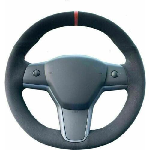 DIY Black Suede Steering Wheel Hand-stitch on Wrap Cover For Tesla Model 3 Car Accessories
