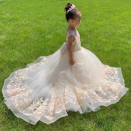 Kids Champagne Lace Flower Girl Dresses Sheer Neck Puffy Ball Gown for Wedding First Communion Pageant Toddler Pageant Dresses