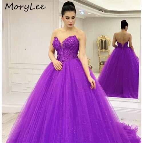 Purple Evening Dresses Shining Sweep Train Soft Tulle Lace Crystal Evening Dresses Lace Up Back vestidos de fiesta de noche