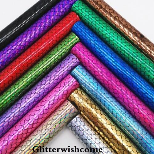 Glitterwishcome 21X29CM A4 Size Vinyl For Bows Embossed Mermaid Fish Scales Leather Fabirc Faux Leather Sheets for Bows, GM214A