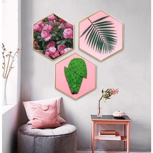 Hexagonal Decoration Painting Nordic Oil Painting Bedroom Restaurant Pink Fresco Cactus Wall Canvas Framed Flower Plant Art
