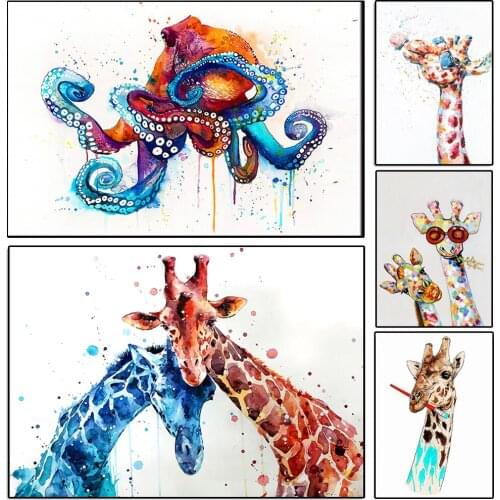 Canvas Prints Painting Watercolor Octopus Giraffe Animal Graffiti Wall Art Poster Picture Modern Home Decoration Childrens Room