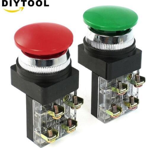 2PCS Red Green AC 250V 6A DPST NO NC 4Pins Mushroom Head Momentary Push Button Switch