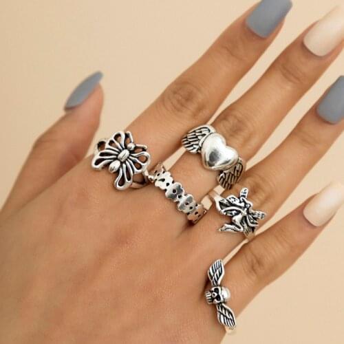 5PCS/Set Gothic Butterfly Angel Love Multi Element Ring Set For Women European and American Retro Personality Finger Ring Gifts