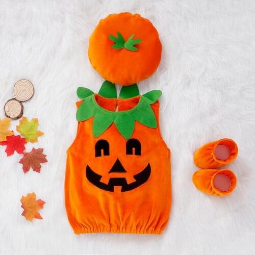 Baby Boys Girl Halloween Outfits 3pcs Clothes Pumpkin Suit Sleeveless Vest Tops+Hat+Shoes Cosplay Photography Prop Costume