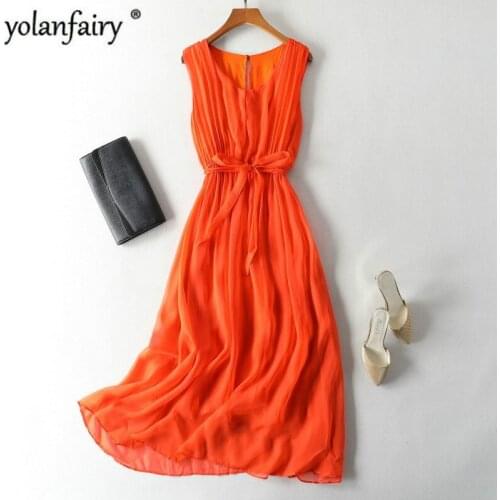 Summer Dress 2020 100% Silk Dress Women Elegant Long Maxi Dresses Party Casual Sleeveless Vestidos De Verano 98011 KJ4573