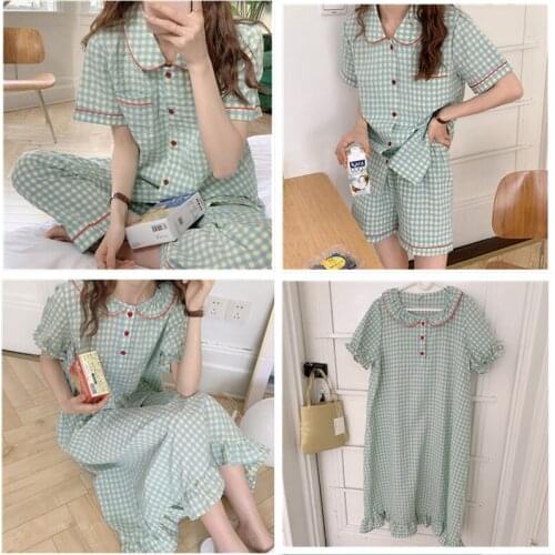 Sweet Girl Summer Korean Homewear Cute Doll Collar Short Sleeve Checkered Pajamas Set Plaid Flowers Casual Pyjamas Suit