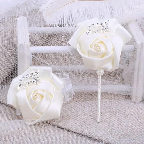 Hot Sale Cream Color Groom Suit Lapel Pin Bride Bridesmaid Wrist Corsage Suit Rhinestone Ribbon Rose Party Wedding Props T1300